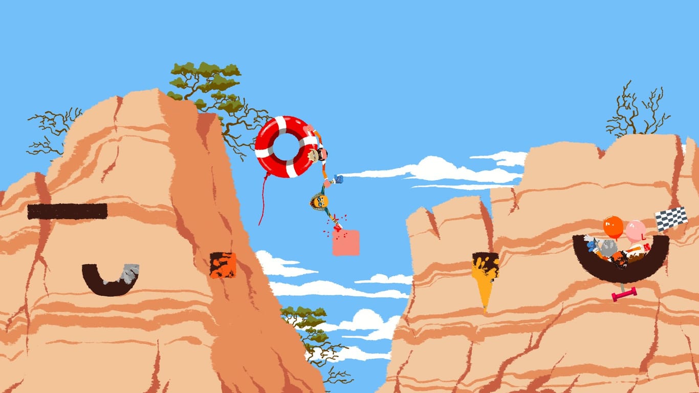 Screenshot aus "Heeeeaaaaave ho!": In diesem Spiel arbeiten Spieler zusammen und müssen ihre Figuren kombinieren und elegant ins Ziel schwingen.