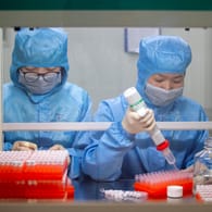 Mitarbeiter in Schutzkleidung stellen Tests zur Feststellung des Coronavirus her: Der Ausbruch der neuen Lungenkrankheit sorgt für zahlreiche Verschwörungstheorien.