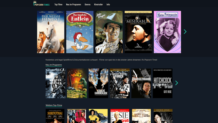 Screenshot Popcorntimes.de: Filme aus den Anfängen des Kinos.