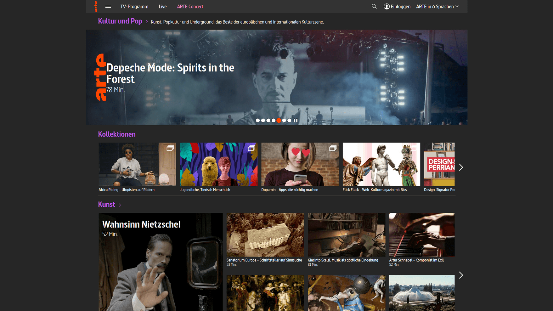 Screenshot Arte.tv: Neben Filmen sind auch Konzerte im Angebot.