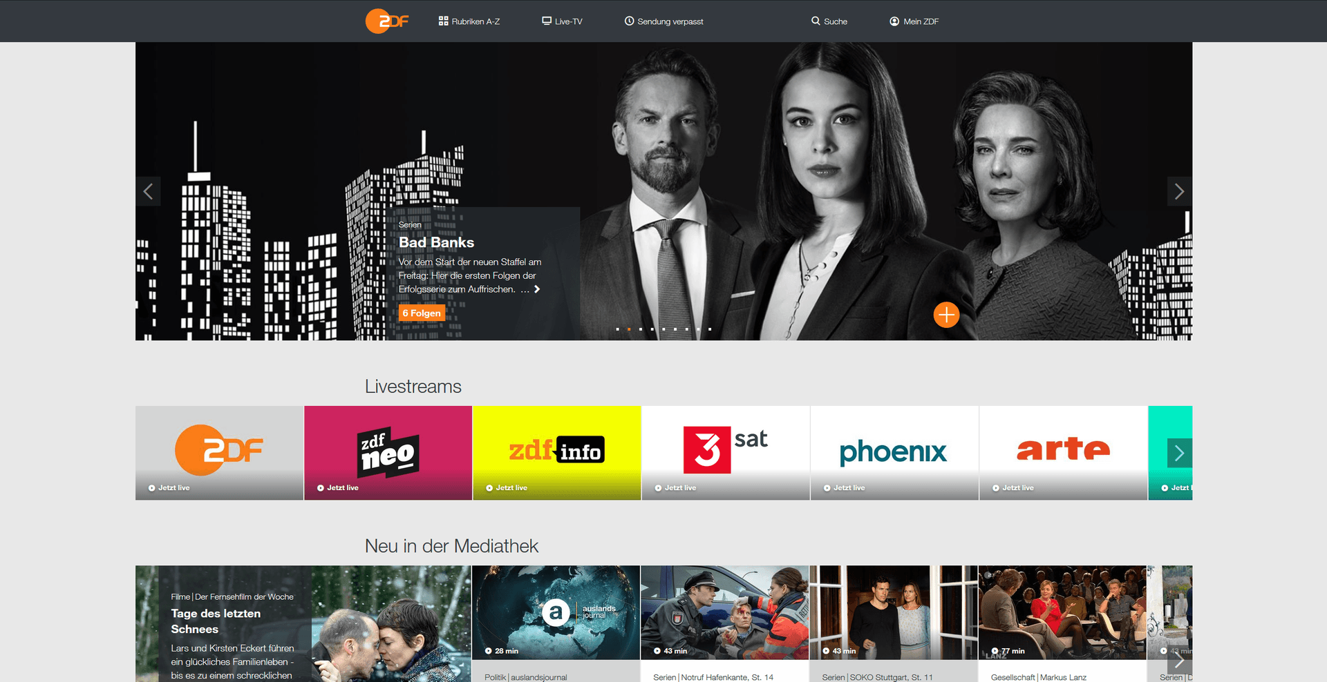 Screenshot ZDF.de: Die Mediathek hat Eigenproduktionen wie "Bad Banks" im Angebot.