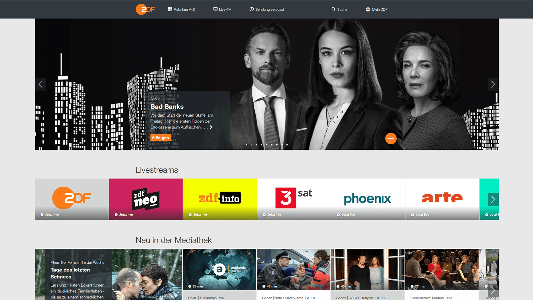 Screenshot ZDF.de: Die Mediathek hat Eigenproduktionen wie "Bad Banks" im Angebot.