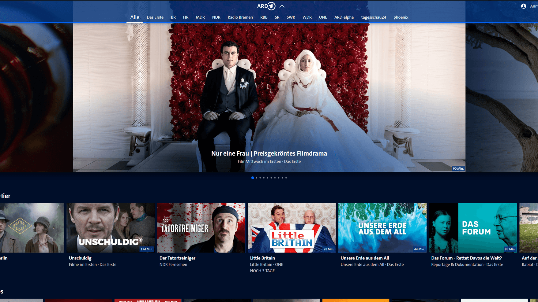 Screenshot ardmediathek.de: Reportagen, Dokumentationen und Fernsehfilme sind in der Mediathek vorhanden.