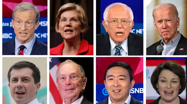 Obere Reihe von links: Tom Steyer, Elizabeth Warren, Bernie Sanders und Joe Biden. Unten: Pete Buttigieg, Michael Bloomberg, Andrew Yang, Amy Klobuchar.