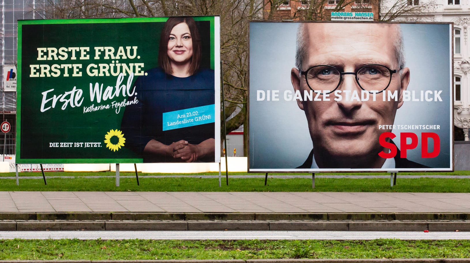 Wahlwerbung von Katharina Fegebank und Peter Tschentscher: Die Grünen-Kandidatin will dem SPD-Bürgermeister sein Amt streitig machen.