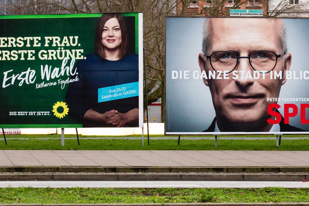 Wahlwerbung von Katharina Fegebank und Peter Tschentscher: Die Grünen-Kandidatin will dem SPD-Bürgermeister sein Amt streitig machen.