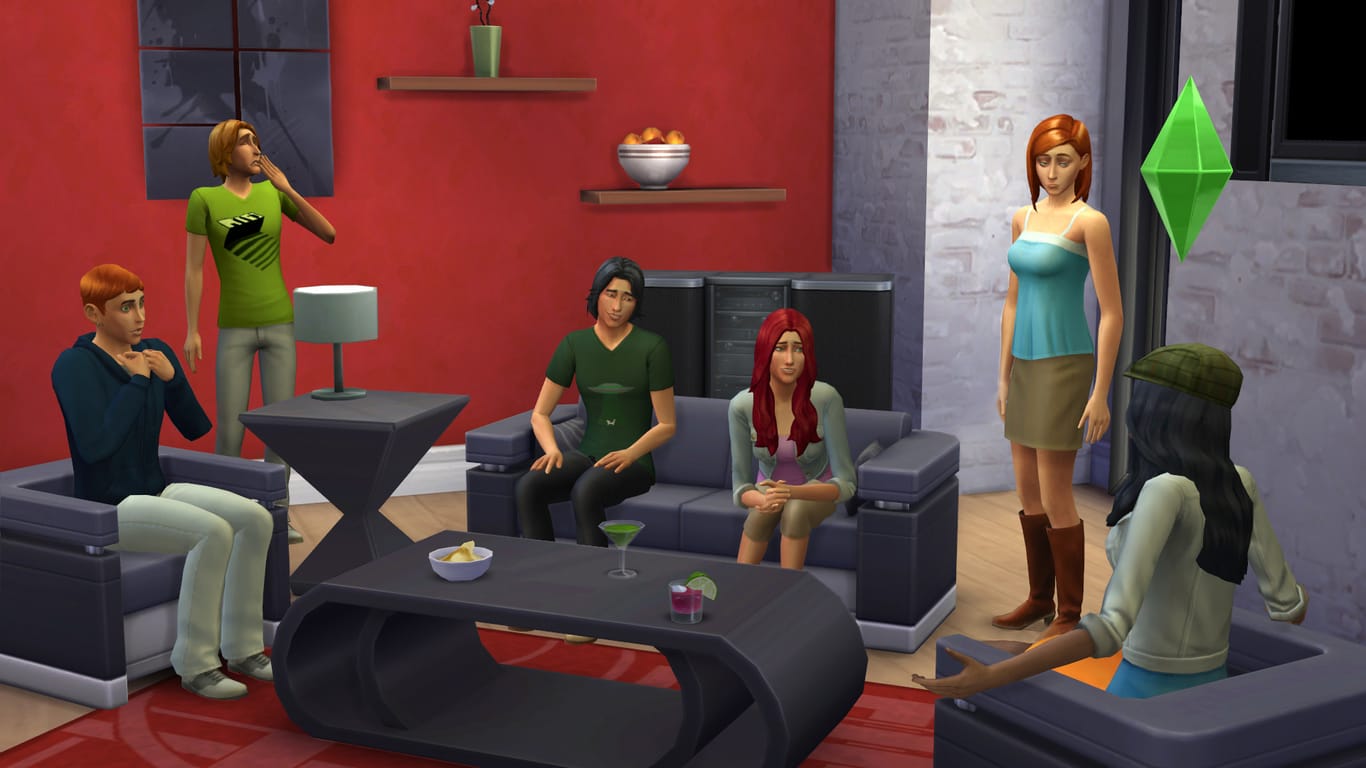 Sims sitzen in einem Wohnzimmer: Die Spielereihe "Die Sims" wird 20 Jahre alt.