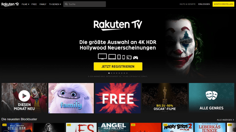 Screenshot Rakuten.tv: Die Video-on-Demand-Plattform bietet auch kostenlose Filme an.
