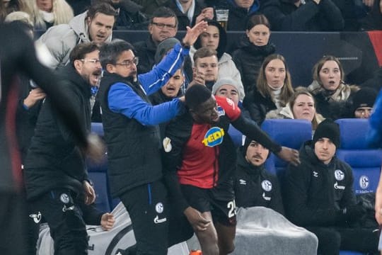 Herthas Jordan Torunarigha gerät mit Schalke-Coach David Wagner (l) aneinander.