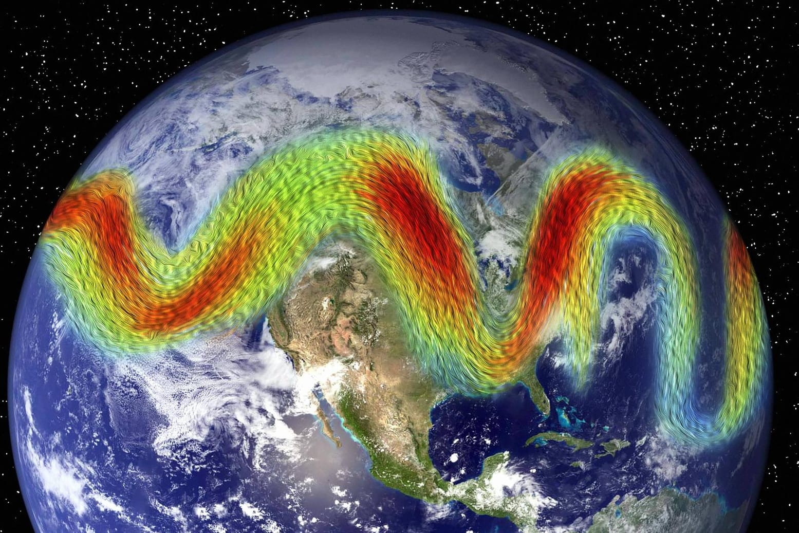 Eine Computersimulation des Polarjetstreams: Winde mit Geschwindigkeiten von bis zu 500 Stundenkilometern in Tausenden Metern Höhe haben Einfluss auf das Wetter.