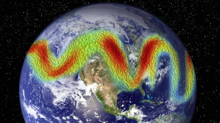 Eine Computersimulation des Polarjetstreams: Winde mit Geschwindigkeiten von bis zu 500 Stundenkilometern in Tausenden Metern Höhe haben Einfluss auf das Wetter.