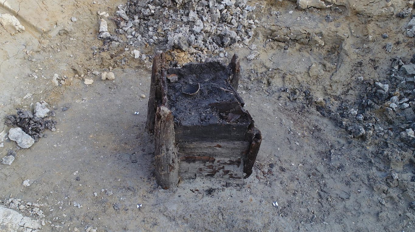 Reste des Holzbrunnens in der Nähe von Ostrov, Tschechien: Die Forscher machen das Alter anhand der Jahresringe des Holzes fest.