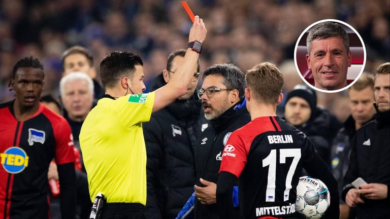Umstrittene Entscheidung: Schiedsrichter Osmers (li.) zeigt Schalke-Trainer Wagner die Rote Karte.