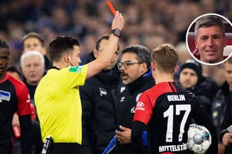 Umstrittene Entscheidung: Schiedsrichter Osmers (li.) zeigt Schalke-Trainer Wagner die Rote Karte.