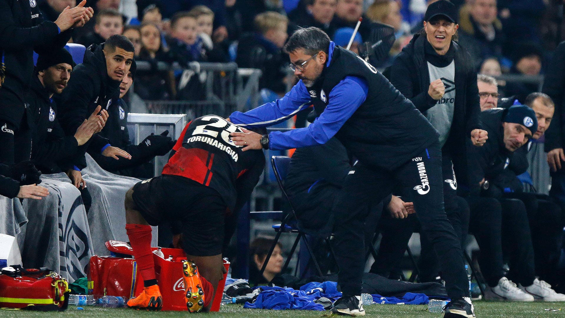 Missverständnis: Schalke-Trainer Wagner (r.) wollte Herthas Torunarigha aufhelfen, sah dafür Rot. Missverständnis: Schalke-Trainer Wagner (r.) wollte Herthas Torunarigha aufhelfen, sah dafür Rot.