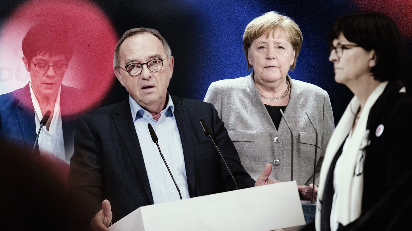 Annegret Kramp-Karrenbauer, Norbert Walter-Borjans, Angela Merkel und Saskia Esken: Die CDU-Chefin zieht sich zurück – und auch die große Koalition und die SPD beben.