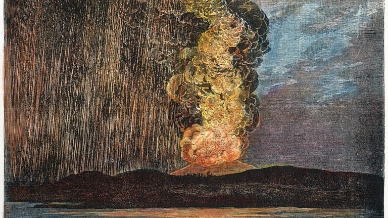 Historische Zeichnung: 1883 brach der Vulkan Krakatau aus.