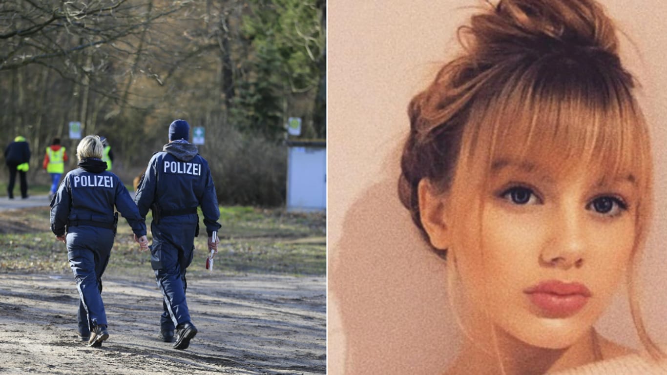 Polizisten im Einsatz und das Fahndungsbild von Rebecca: Die Berliner Schülerin wird seit fast einem Jahr vermisst.