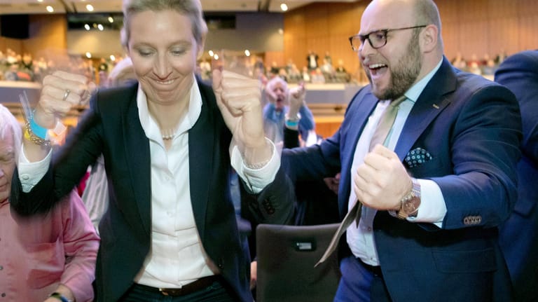 Alice Weidel jubelt mit ihrem früheren Sprecher Markus Frohnmaier: Die AfD träumt von 20 Prozent und mehr bei der Landtagswahl 2021 in Baden-Württemberg.