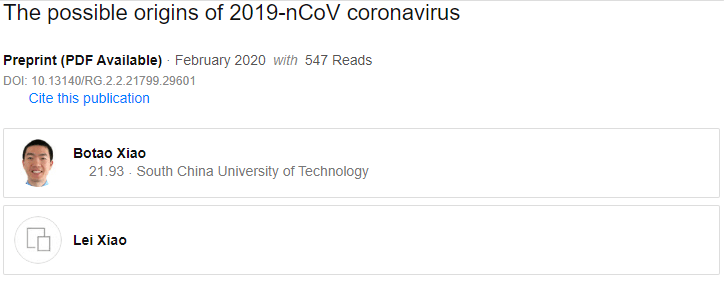 "The possible origins of 2019-nCoV coronavirus": Der Beitrag auf der Plattform researchgate.net ist verschwunden, das Profil des Biologen Botao Xiao ebenso.
