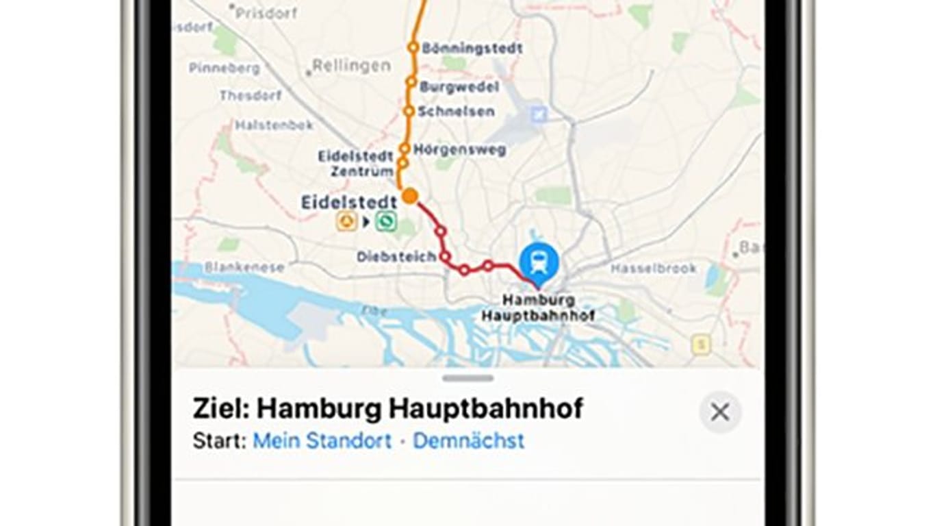 Apple Karten kann jetzt auch Umsteigeverbindungen: Von Hamburger Hauptbahnhof über Eidelstedt nach Kaltenkichen.