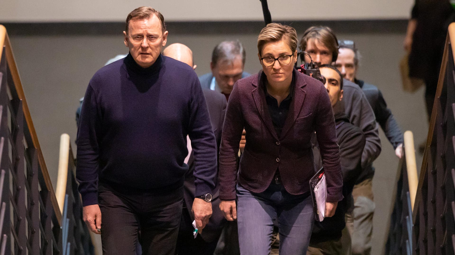 Erfurt: Bodo Ramelow (l, Linke), Ex-Ministerpräsident, und Susanne Hennig-Wellsow, Linke-Fraktionschefin, kommen zum Treffen zwischen Rot-Rot-Grün und der CDU in den Landtag.