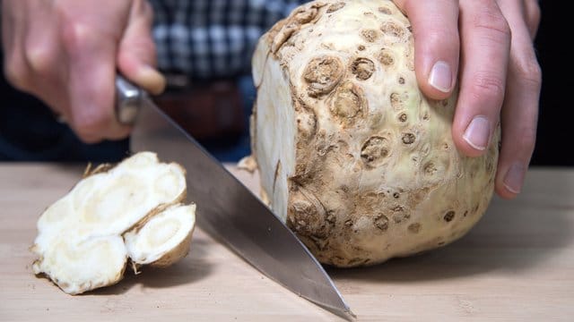 Will man angeschnittenen Knollensellerie noch einige Tage frisch halten, streicht man Zitronensaft auf die Schnittstelle und bedeckt sie mit Folie.