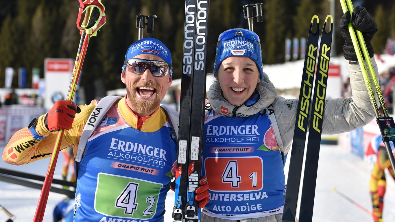 Gut gelaunt in Antholz: Erik Lesser (l.) und Franziska Preuß holten die erste Staffel-Medaille für das DSV-Team bei der WM 2020.