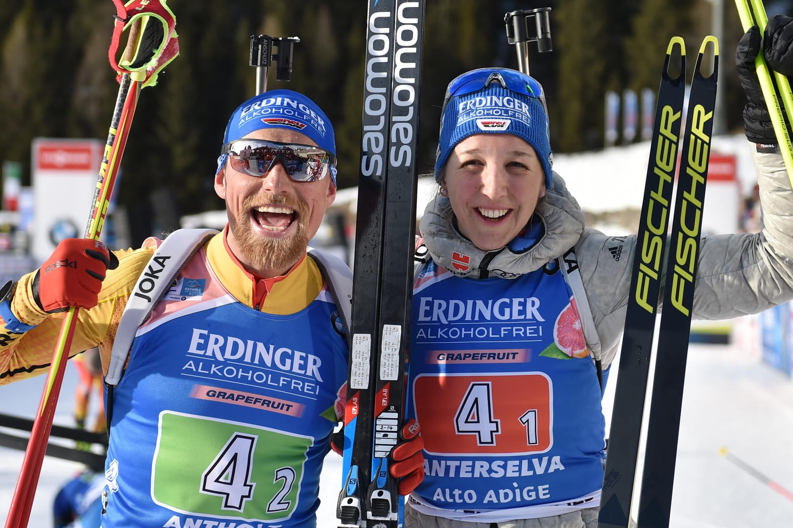 Gut gelaunt in Antholz: Erik Lesser (l.) und Franziska Preuß holten die erste Staffel-Medaille für das DSV-Team bei der WM 2020.