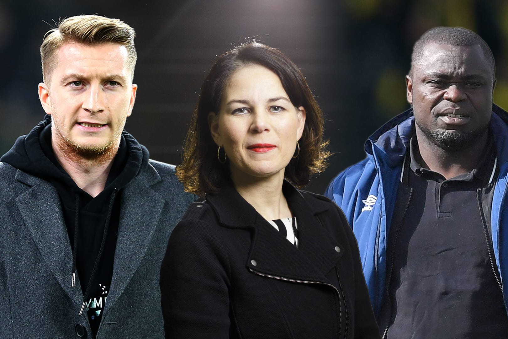 Marco Reus (l.), Annalena Baerbock (m.) und Gerald Asamoah: Alle drei Prominente haben sich klar gegen Rassismus und Hass positioniert.