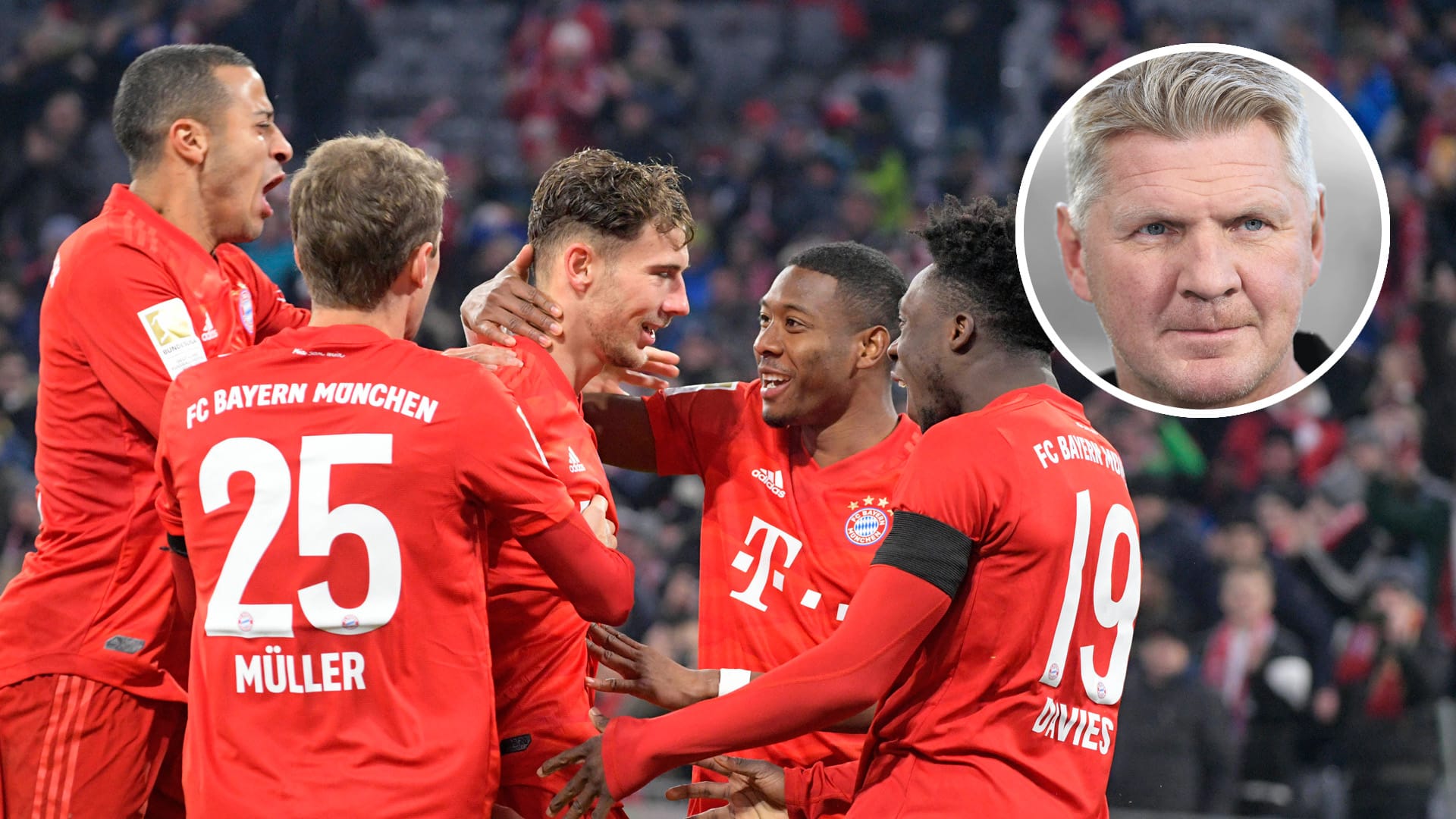 Thiago (v.l.), Müller, Goretzka, Alaba und Davies jubeln im Spiel gegen den FC Schalke. Stefan Effenberg sieht den FC Bayern auf einem guten Weg, obwohl bei einigen Spielern die Zukunft nicht geklärt ist.