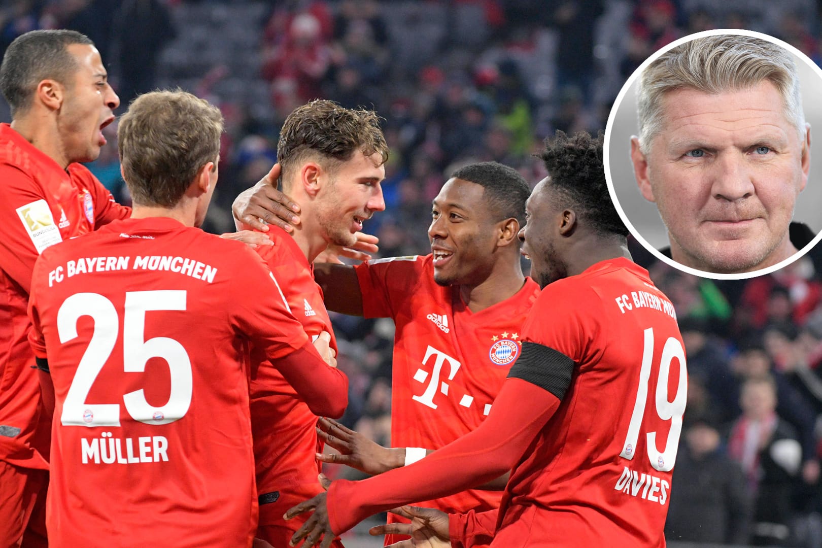 Thiago (v.l.), Müller, Goretzka, Alaba und Davies jubeln im Spiel gegen den FC Schalke. Stefan Effenberg sieht den FC Bayern auf einem guten Weg, obwohl bei einigen Spielern die Zukunft nicht geklärt ist.