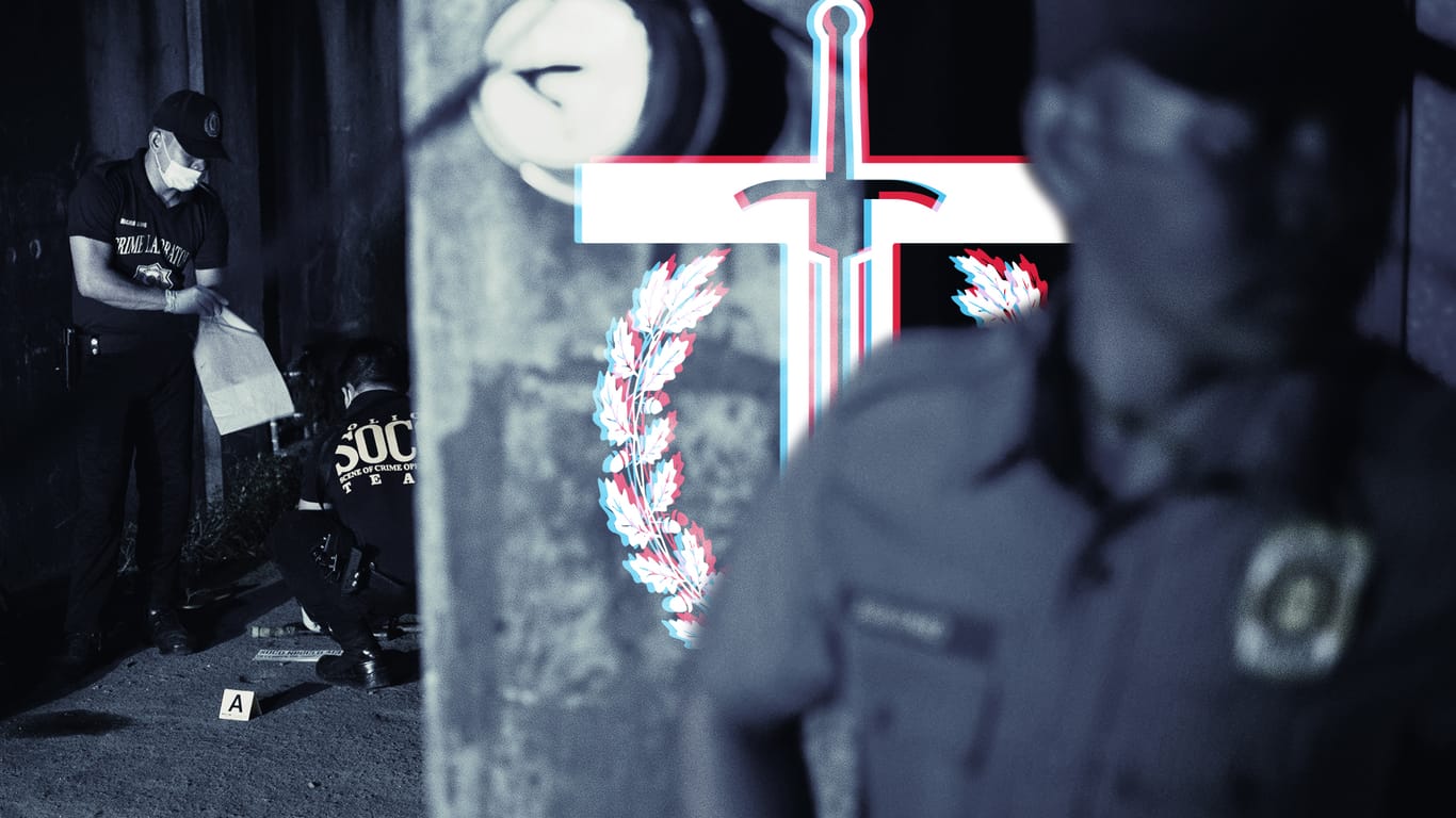 Ein Tatort in der philippinischen Hauptstadt Manila mit einem symbolisch ins Bild montierten Uniter-Logo: Die philippinische Nationalpolizei wird für Tausende Morde verantwortlich gemacht – deutsche Spezialkräfte schulten dort Polizisten. Ging es nur um Erste-Hilfe-Kurse?