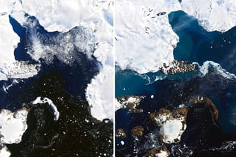 Die Kombo aus zwei Satellitenbildern zeigt das Schmelzen auf der Eiskappe der Insel Eagle Island in der Antarktis.