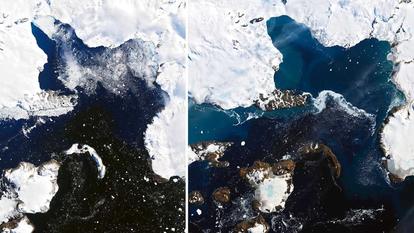 Zwei Satellitenbilder zeigen die Eisschmelze in der Antarktis: Zwischen den Bildern liegen nur neun Tage, dennoch ist der Unterschied deutlich zu erkennen.