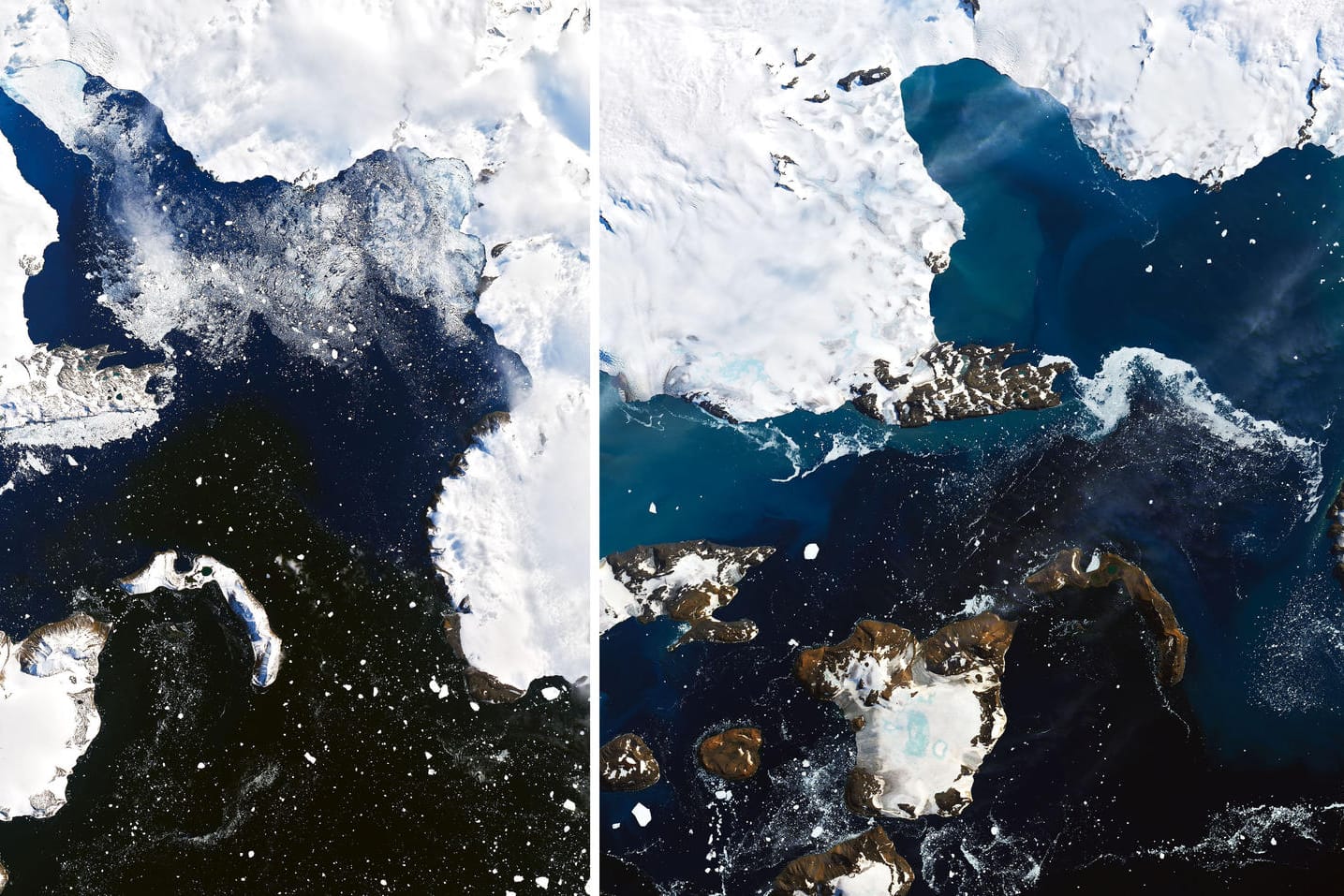 Zwei Satellitenbilder zeigen die Eisschmelze in der Antarktis: Zwischen den Bildern liegen nur neun Tage, dennoch ist der Unterschied deutlich zu erkennen.