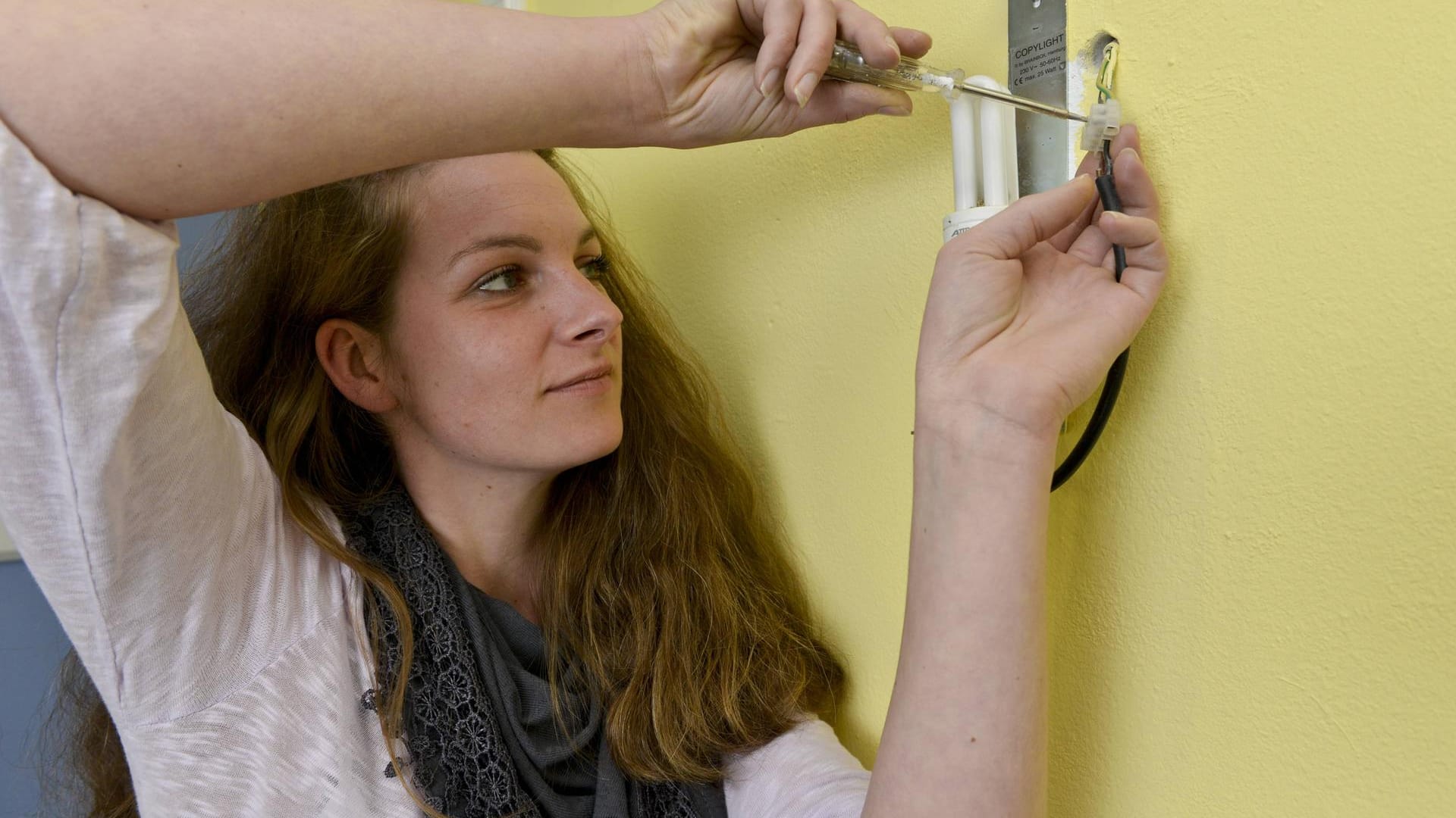 Wandleuchte anschließen: Mithilfe der Lüsterklemme werden die drei Kabel aus der Wand mit den gleichfarbigen Kabeln der Lampe verbunden.