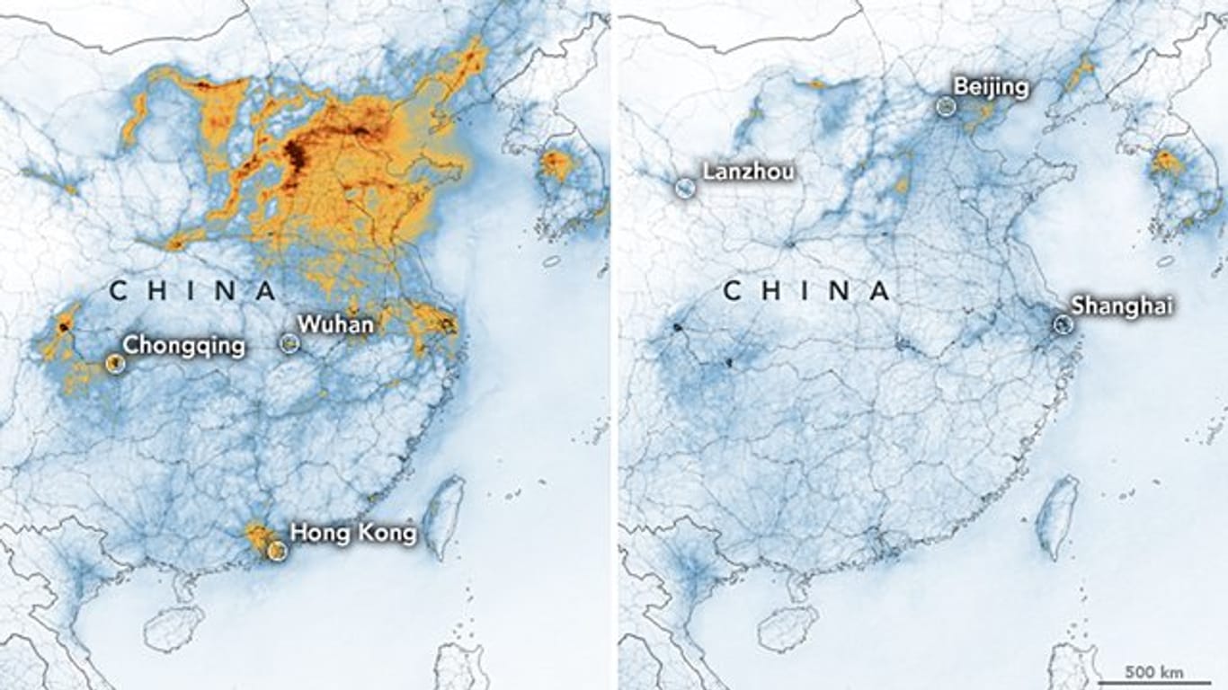 Die Karten zeigen die Konzentrationen von Stickstoffdioxid (NO2) in ganz China vom 1.