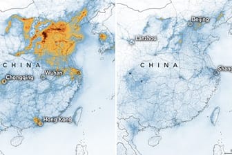 Die Karten zeigen die Konzentrationen von Stickstoffdioxid (NO2) in ganz China vom 1.