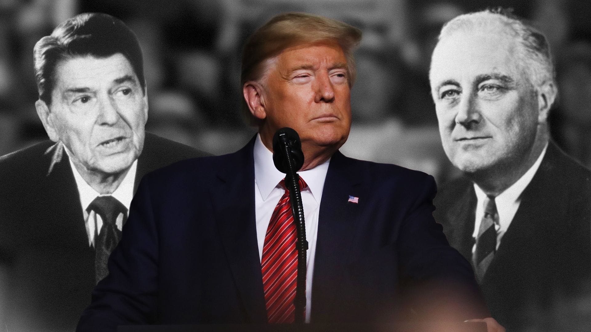 Amerikanische Präsidenten Reagan, Trump, Roosevelt.