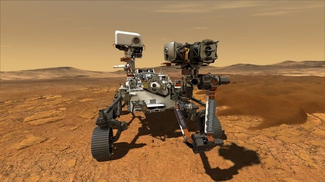 Diese Abbildung zeigt den NASA-Rover "Perseverance", der auf der Marsoberfläche im Einsatz ist. Diese Abbildung zeigt den NASA-Rover "Perseverance", der auf der Marsoberfläche im Einsatz ist.