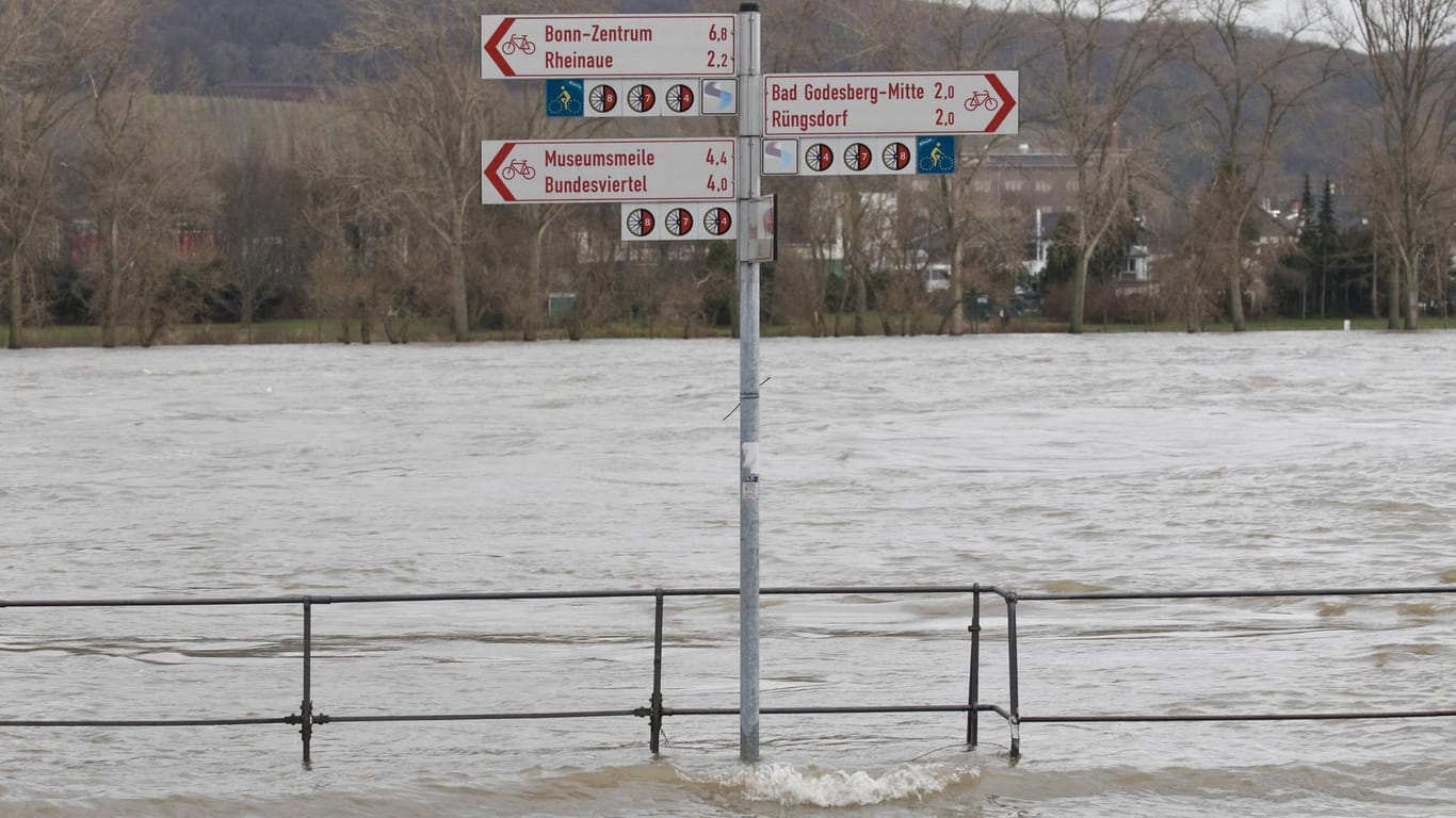 Hochwasser am Rhein in Bonn: Radweg und Promenade stehen unter Wasser.