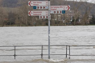 Hochwasser am Rhein in Bonn: Radweg und Promenade stehen unter Wasser.
