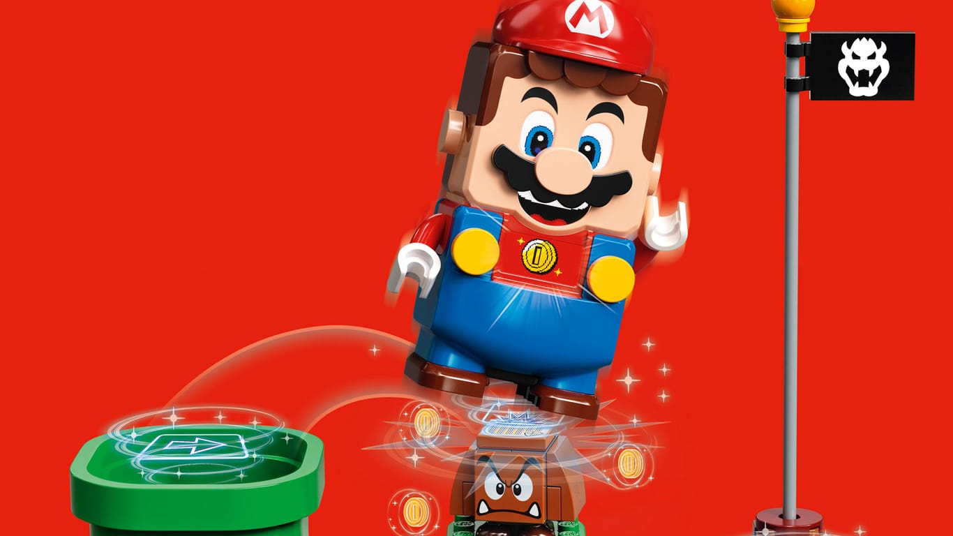 Ein Werbefoto für Super Mario als Legofigur: Die Figur kommt mit digitalen Anzeigen.