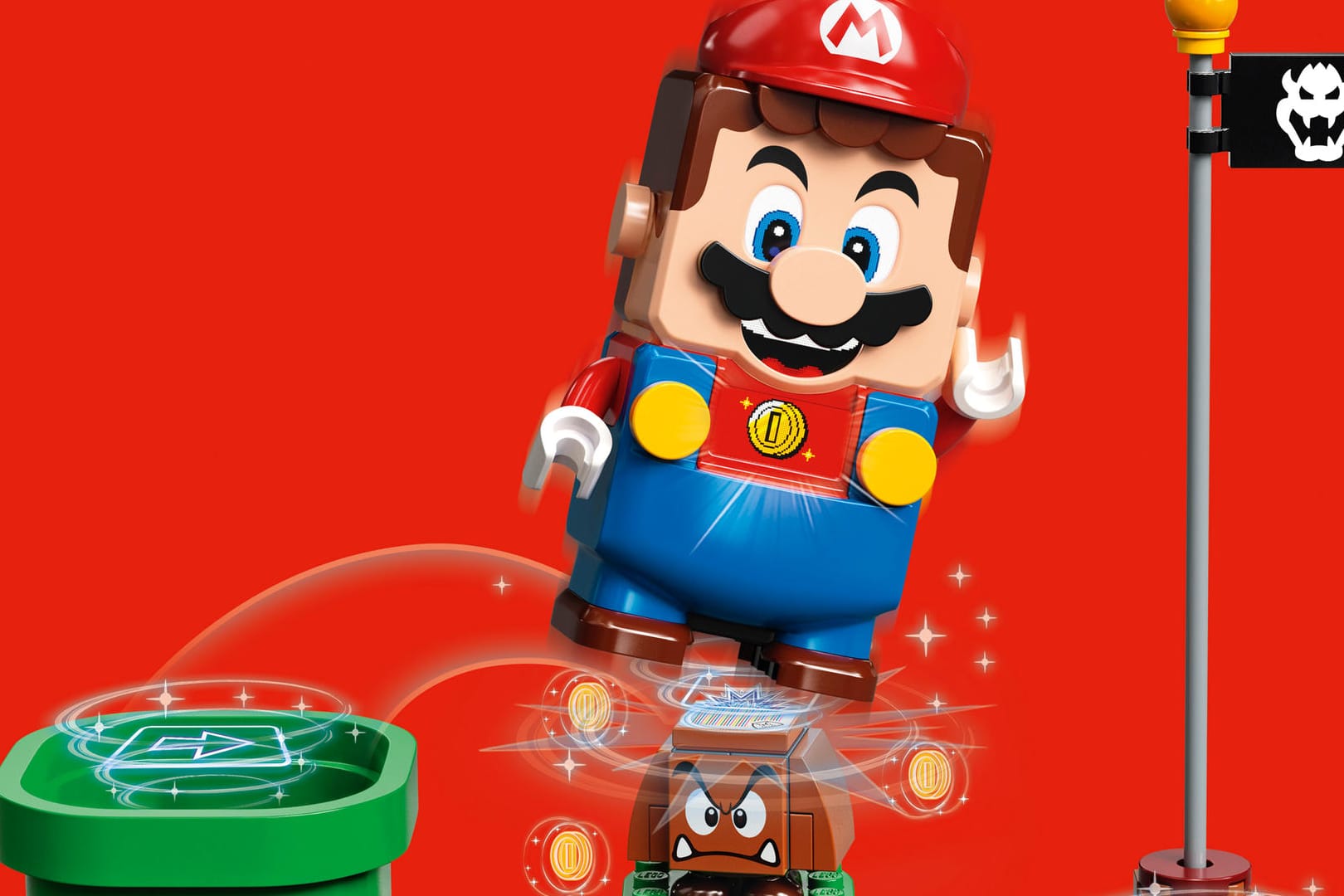 Ein Werbefoto für Super Mario als Legofigur: Die Figur kommt mit digitalen Anzeigen.