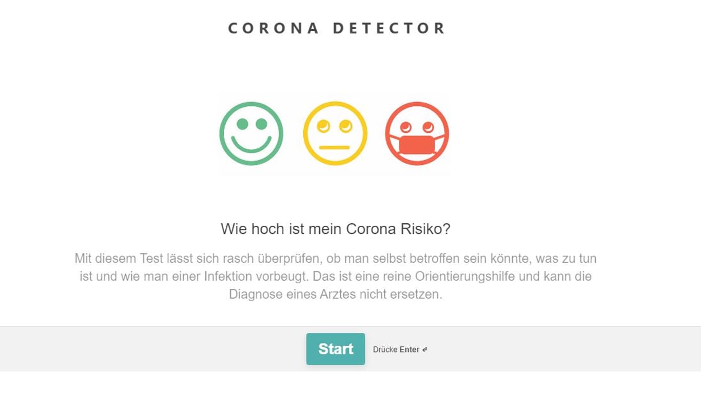 Screenshot der Webseite Coronadetector.com: Der Fragebogen soll Bürgern beim richtigen Umgang mit dem Coronavirus helfen.
