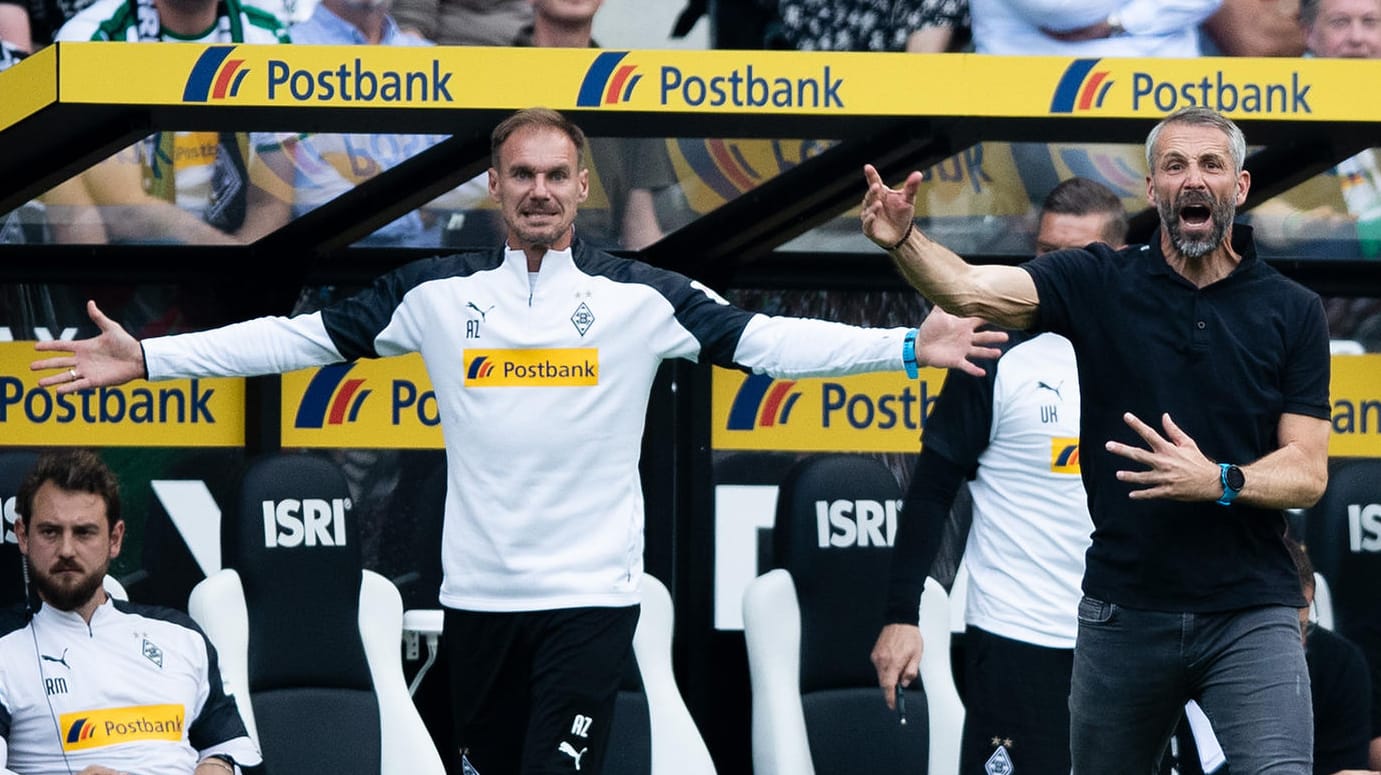 Alexander Zickler (li.) und Marco Rose (re.): Beide Trainer zeigen sich in Gladbach emotional an der Seitenlinie.