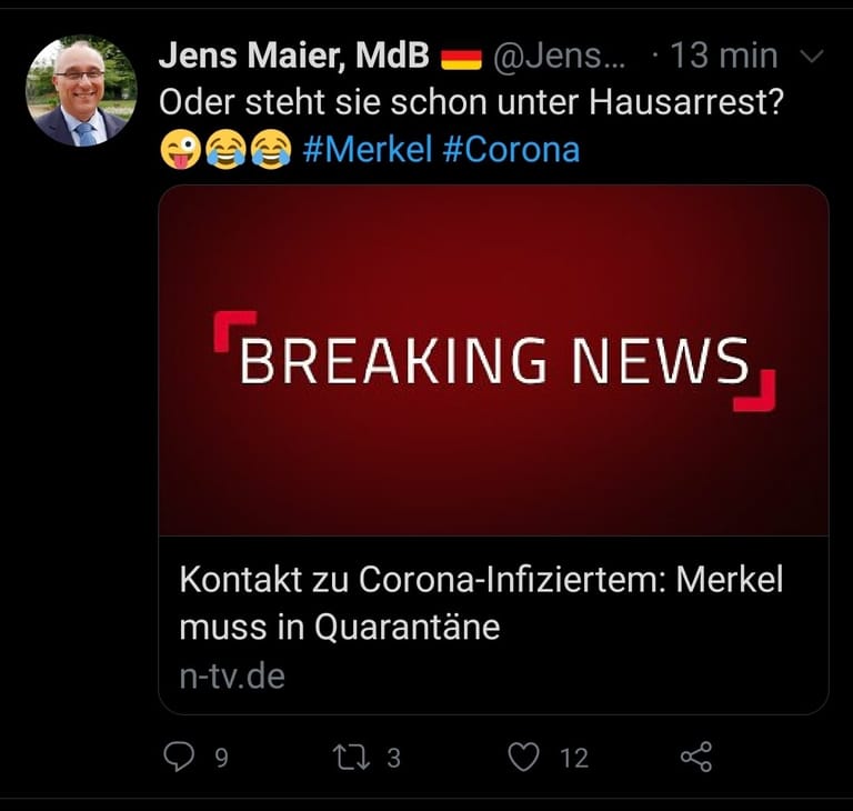 Der Tweet von Jens Maier, früherer Richter. Er wird zum Flügel gerechnet.
