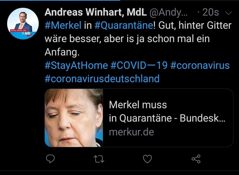 Andreas Winhart: Der bayerische AfD-Landtagsabgeordnete twitterte, Quarantäne für die Bundeskanzlerin sei ja "schon mal ein Anfang".