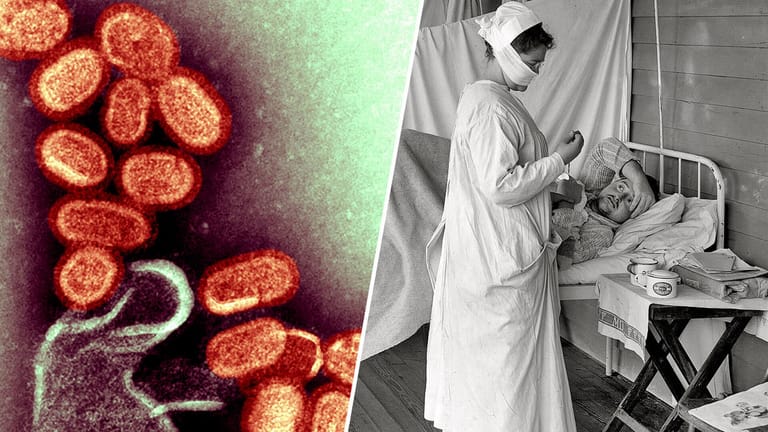 Virus H1N1 und Krankenschwester mit an Influenza Erkranktem: Die Spanische Grippe forderte mehr als 50 Millionen Tote.